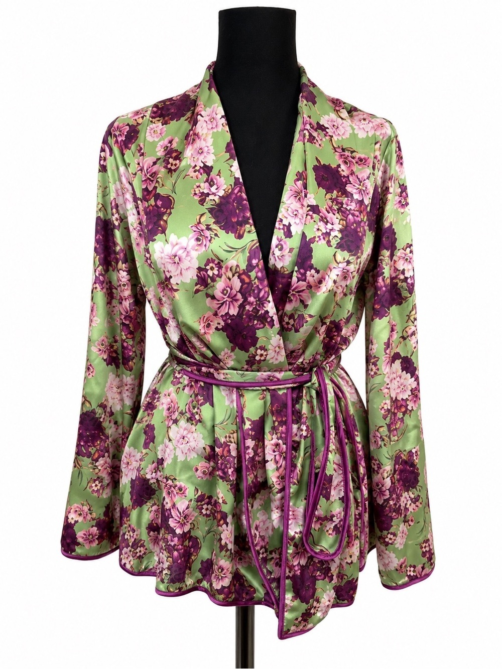 GIOVANNA NICOLAI SATIN LONG SLEEVE PURPLE AND GREEN FLORAL WRAP TOP